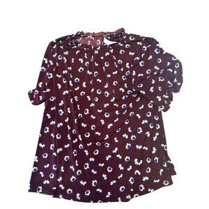 Worthington Womens Size XL Burgundy Floral Blouse Ruffled Neck Cottage Career